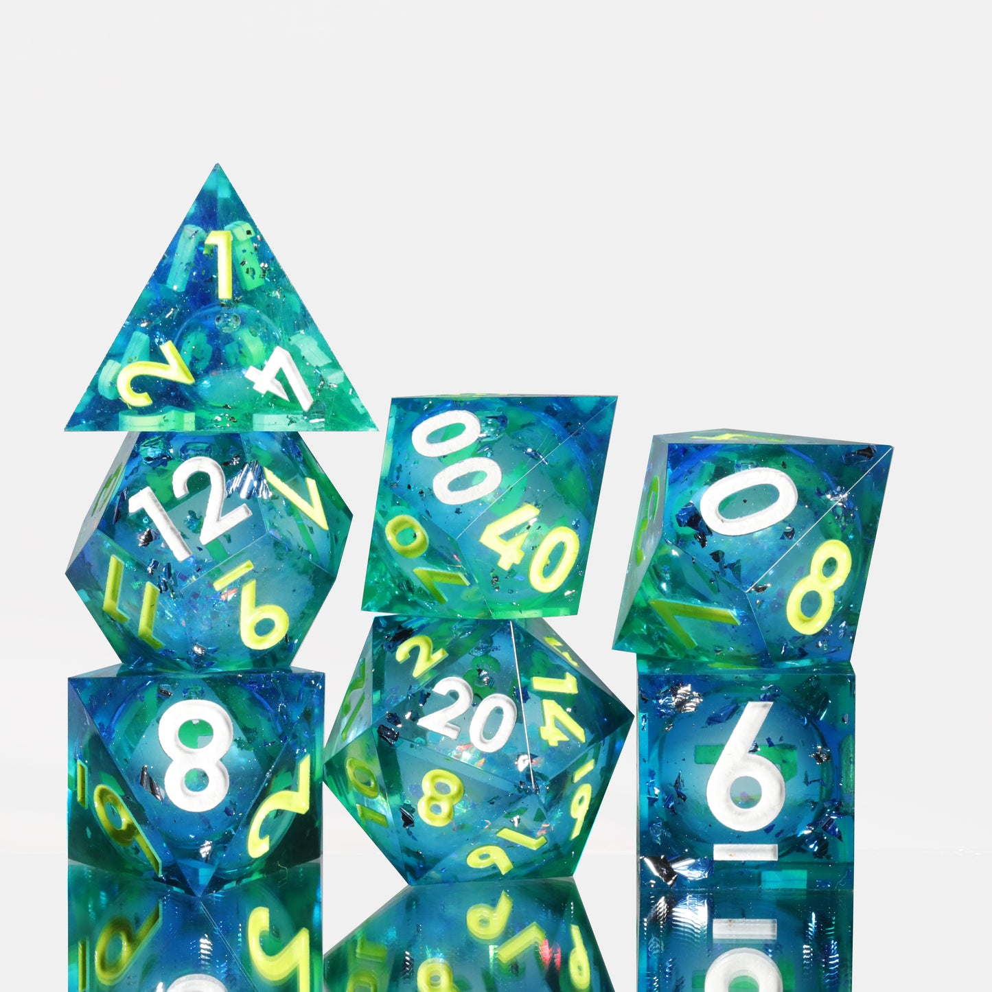 Glow in the Dark Emerald Green Liquid Core DnD Dice Set