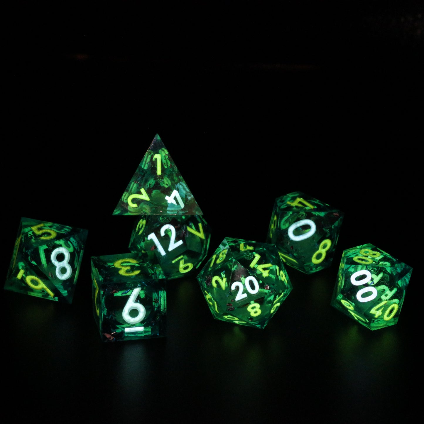 Glow in the Dark Emerald Green Liquid Core DnD Dice Set